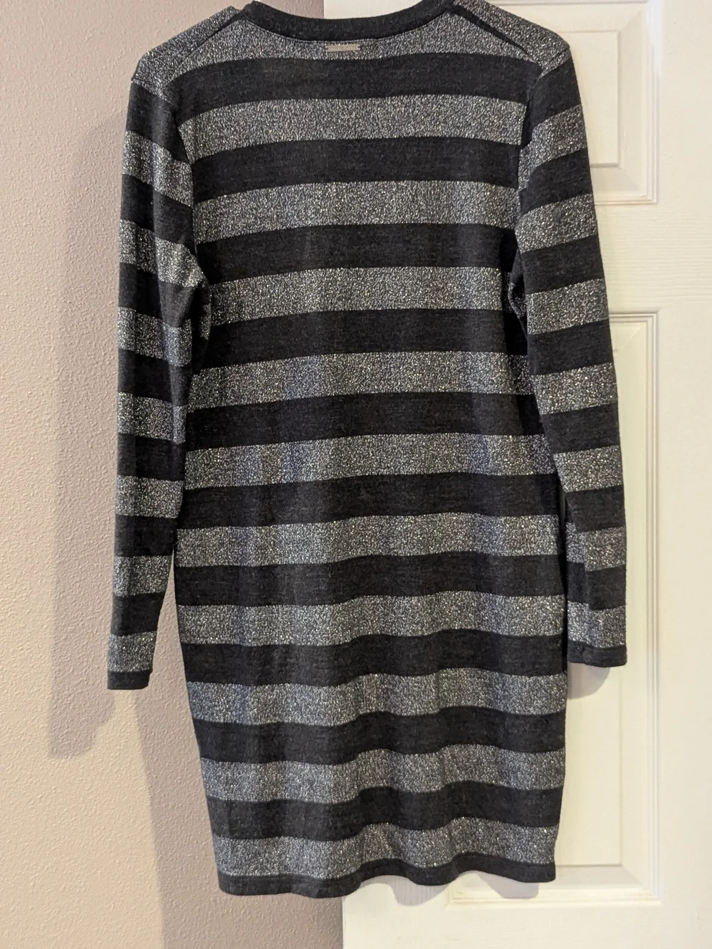 Michael Kors Black and Silver Striped V-Neck Sweater Dress